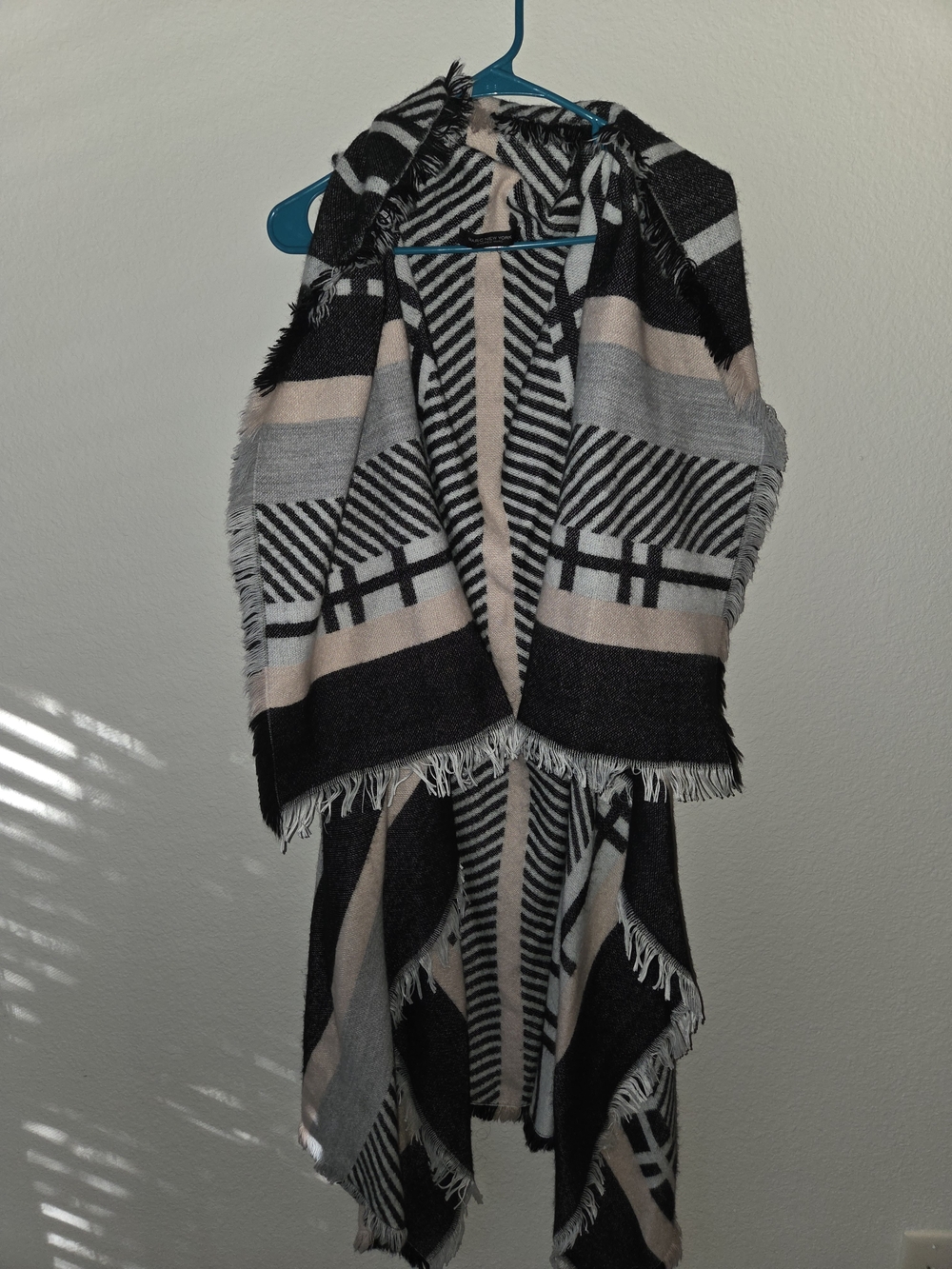 Marc New York Black, Gray & Beige Patterned Fringe Vest